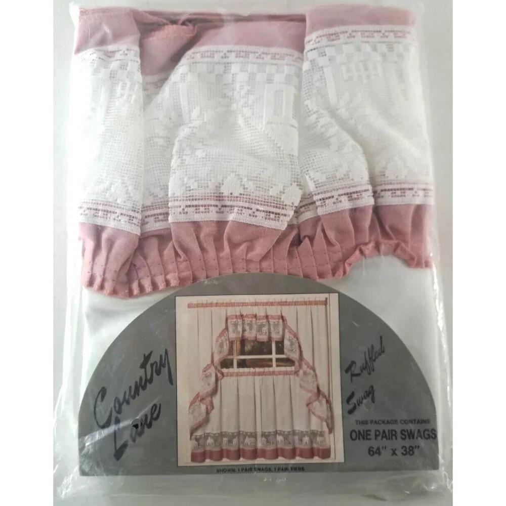 NEW Vintage Lace Window Swags Valance One Pair Pink Lace Ruffled Village 64x38
